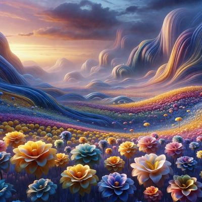 The primary subject of the image is a field of colorful flowers, with a variety of different types of flowers. The setting is a lush, vibrant landscape with a mountainous background. The visual style is a digital art or illustration, creating a vivid and captivating scene. The colors and mood of the image are predominantly warm and cheerful, with the flowers adding a sense of life and beauty to the landscape.